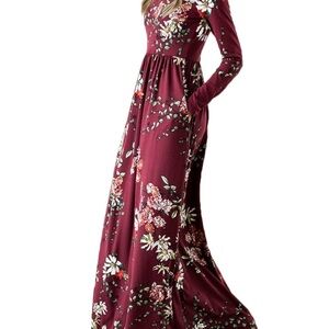Zesica Floral Long Sleeve Empire Waist Maxi Dress with Pockets Burgundy Size S